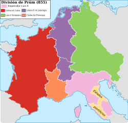 855年普呂姆條約之後的洛塔林吉亞王國（紫色）和其他加洛林王朝的王國