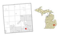 莱斯拉普村在奥克兰县及密歇根州的位置（以红色标示）