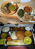 L-30. Top: Northern/Western Indian home cooked lunch delivered to the office by the tiffin wallah. Bottom: South Indian thali style dinner served in a restaurant.
