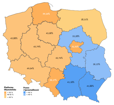 2009年欧洲波兰选区结果，公民纲领在9个选区中领先，法律与公正党在4个选区中领先