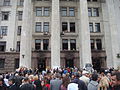 Memorial service in honour of those who died in the Odesa clashes, outside the burnt Trade Unions House on 10 May 2014