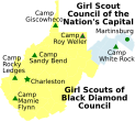 Map of West Virginia with counties showing the different Girl Scout Councils