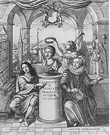 Two men kneel before a pillar with a bust of Charles II on it, an angel posing in the background. Scientific instruments, guns and books line the Romanic walls on either side of the engraving.