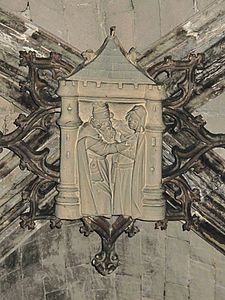 Keystone of a Gothic vault; kiss between Saint-Anne and Saint-Joachim