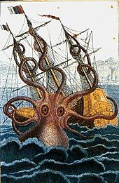 Coloured drawing of a huge octopus rising from the sea and attacking a sailing ship's three masts with its spiralling arms