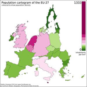 A cartogram depicting a distorted European Union showing population distributions by size and color