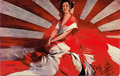 Postcard of a Japanese woman draped in the rising sun flag of Japan (1910)