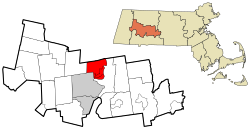 哈特菲尔德在汉普夏县及马萨诸塞州的位置（以红色标示）