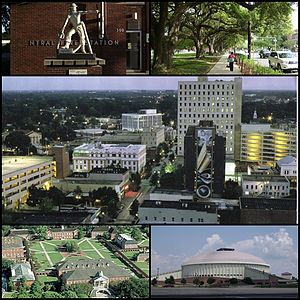 From upper left: Statue in front of downtown fire station, Oak lined street in the University district, Downtown Lafayette, Louisiana, The Cajundome, and the University of Louisiana at Lafayette quad.