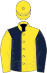 Yellow and dark blue (halved), reversed sleeves, yellow cap