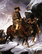 Painting shows a man riding a mule through snowy mountains.