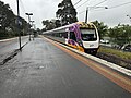 A V/Line VLocity set on a Traralgon-bound service passes Platform 2, October 2024