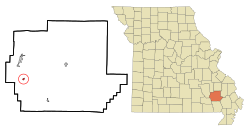 米尔斯普林在韦恩县及密苏里州的位置（以红色标示）