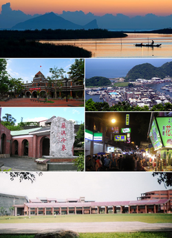 Top row: Confluence of the Dongshan River and Lanyang River with Guishan Island in view; second (from left to right): Yilan railway station, Su'ao Port; third: Su'ao Cold Spring, Luodong Night Market, bottom: Institute of Yilan County History