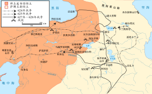 该地图展示了希拉克略624年、625年以及627年至628年的作战路线