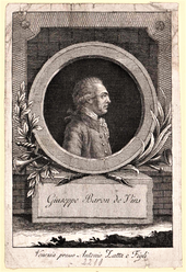 Sepia portrait of a man in profile who has an 18th-century wig. He wears a gray coat with one row of buttons. The profile is within a circle over a pedestal labeled Giuseppe Baron de Vins.