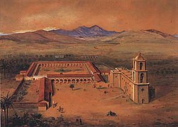 An 1894 painting by Frederick Behre features a wildly improbable steeple over the entrance of San Juan Capistrano's "Great Stone Church" (it was incorrectly believed to portray the way the church looked before the 1812 earthquake; archaeological excavations in 1938 revealed that the steeple placement as shown in the painting was impossible).[81] The landscape in the background of this painting was later modified by John Gutzon Borglum.[113] Watercolor and gouache.
