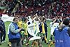 Norwich City players celebrate promotion to the FA Premiership