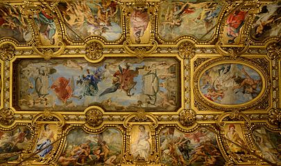 Part of the ceiling of the Grand Foyer with paintings by Paul Baudry: the central rectangular panel is Music, while the oval panel at the western end is Comedy.[35]