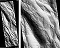 HiRISE 拍摄阿刻戎堑沟群，影像比例尺1000米。点选影像可见到陡坡上的暗条纹。