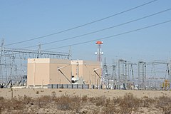 HVDC converter station with valve hall close to center of image.