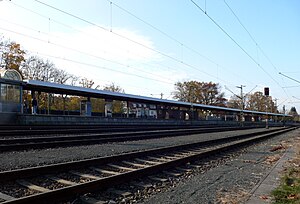 Looking across three railroad tracks at island platform