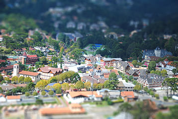 Bird's-eye view of Campos do Jordão, Brazil with tilt shift lens effect