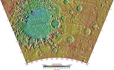 Wide view of area around Galle Crater. Colors show elevations.