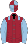 Maroon, light blue epaulettes, light blue sleeves, quartered cap