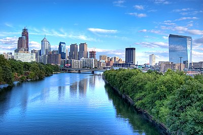 The Schuylkill River, looking south toward the skyline of Philadelphia.