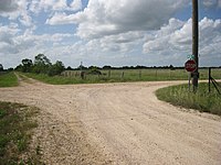 View is northwest at junction of Mieth and Rexville Rds. The railroad once followed the line of trees on the horizon.