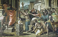 The Sacrifice at Lystra (Acts 14:8). After Paul miraculously cures a cripple, the people of Lystra see him and his companion Barnabas (both standing left) as gods, and want to make a sacrifice to them. Paul tears his garments in disgust, whilst Barnabas speaks to the crowd, persuading the young man at centre to restrain the man with the sacrificial axe.