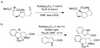 Diagram of a radical cascade cyclization initiated by a photoredox-catalyzed reductive dehalogenation reaction. b) Diagram of a radical fragment coupling initiated by a photoredox-catalyzed reductive dehalogenation reaction.