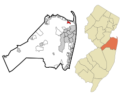 Location of Navesink in Monmouth County highlighted in red (left). Inset map: Location of Monmouth County in New Jersey highlighted in orange (right).