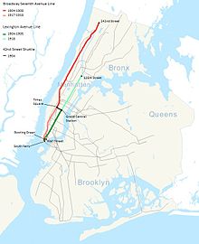 The map shows the IRT Broadway-Seventh Avenue Line in red, the IRT Lexington Avenue Line in green, and IRT 42nd Street Shuttle in grey,.