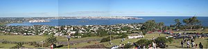 View of a largely urbanised harbour from a park on a hill