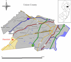 Location of Plainfield in Union County highlighted in yellow (left). Inset map: Location of Union County in New Jersey highlighted in black (right).