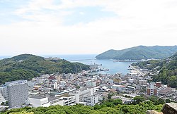 A panorama view of downtown Izuhara, Tsushima from Mount Shimizu
