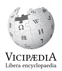 The logo of Latin Wikipedia, an incomplete sphere made of large, white, jigsaw puzzle pieces. Each puzzle piece contains one glyph from a different writing system, with each glyph written in black. The Latin Wikipedia wordmark displays the name Vicipædia, written in all caps. The V and the A are the same height and both are taller than the other letters which are also all the same height.