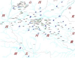 二里頭文化遺址分佈圖，集中於豫西伊洛嵩地與晉南汾河下游二處