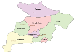 Location of Chaharbagh County in Alborz province (bottom, purple)