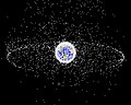 Image 78A computer-generated image mapping the prevalence of artificial satellites and space debris around Earth in geosynchronous and low Earth orbit (from Earth)