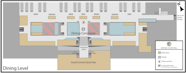 A diagram of the terminal's dining level rooms