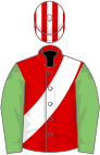 Red, white sash, light green sleeves, red and white striped cap