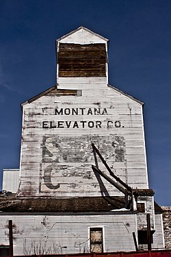 The Historic Montana Elevator Co. elevator next to the tracks.