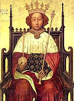 King Richard II of England (1367 - 1400). This portrait of him famously is shown in Westminster Abbey, London, where Richard is buried. It is the work of an unknown master, and the date is usually given as about 1390. This painting is the earliest known portrait of an English monarch, according to the Abbey's website.
