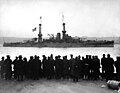 USS Arizona at the New York City naval review; she was the leader of the ten dreadnoughts that paraded past Secretary of the Navy Josephus Daniels