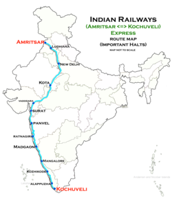 (Amritsar - THIRUVANANTHAPURAM NORTH ) WEEKLY Express route map