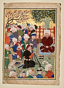A ruler receives an envoy - left half of the double page frontispiece from the "Big Head" Shahnameh. Lahijan, 1494