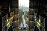 Fully integrated GSLV-F05 coming out of the Vehicle Assembly Building.